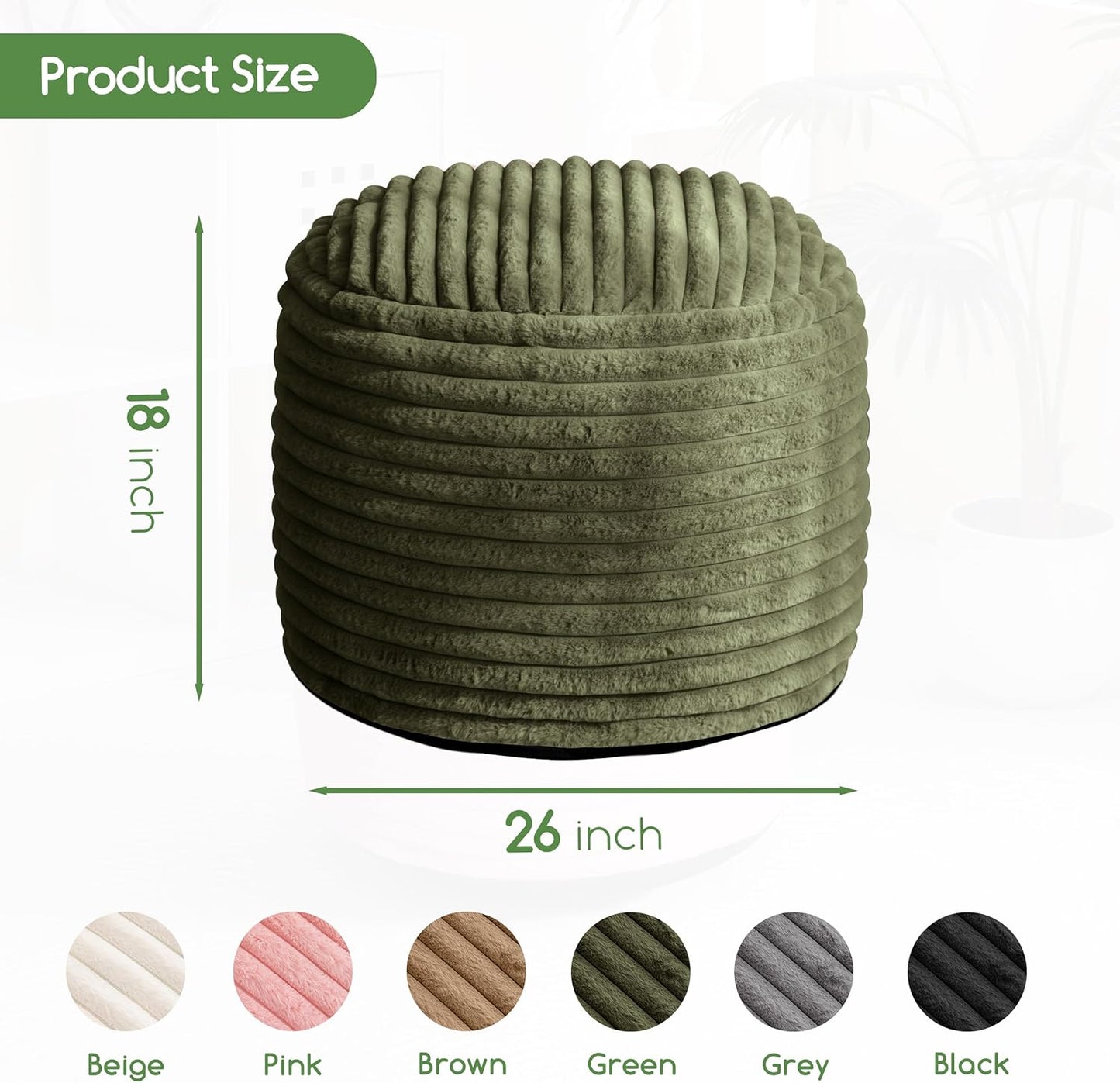 HIGOGOGO Round Stuffed Pouf Ottoman, Stripe Faux Fur Poufs with Foam Chunk Filling, Furry and Fluffy Pouf Foot Stool Storage Ottoman, 26 X 18 Floor Poufs Foot Rest for Living Room, Green