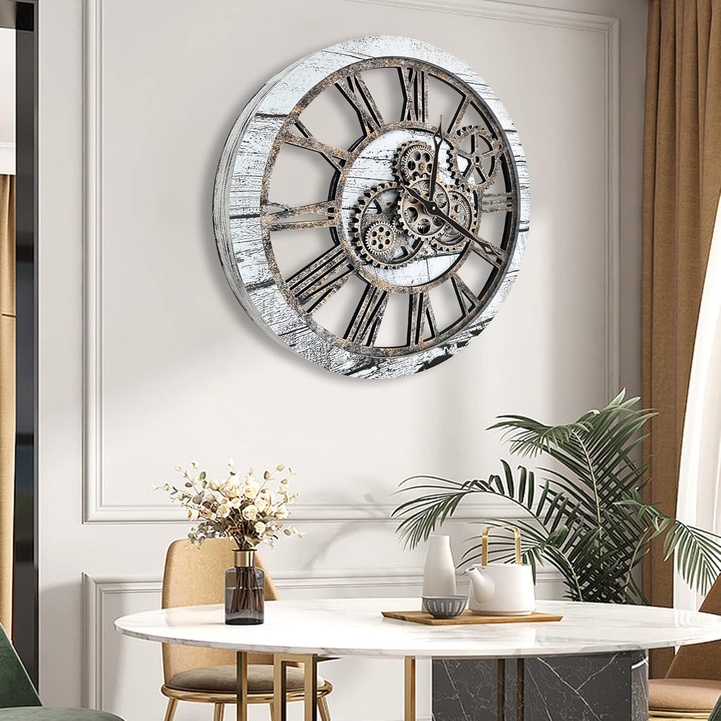 The B-Style Large Wall Clock 24 inch Moving Gear Wall Clock Oversized Vintage Farmhouse Wall Clocks for Living Room Decor Rustic Industrial Wood Clock (Gray and White)