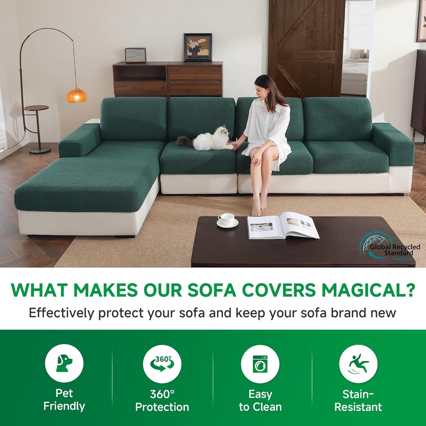 Couch Cushion Covers for Sectional Sofa, Stretch Soft Sofa Slipcovers Washable Wear-Resistant Universal Furniture Protector for Living Room(1 Piece Armrest Cover, Green)