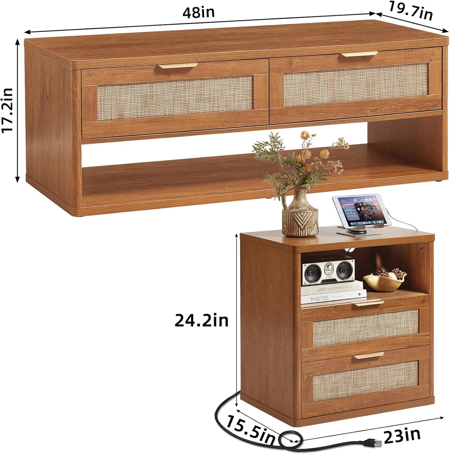 LEYAOYAO Boho Rattan Coffee Table and End Table Sets, 48" Wide Center Tables & 23" Night Stand with Charging Station Chest of Drawers, Brown Wood Coffee Table for Living Room 2 Piece Set