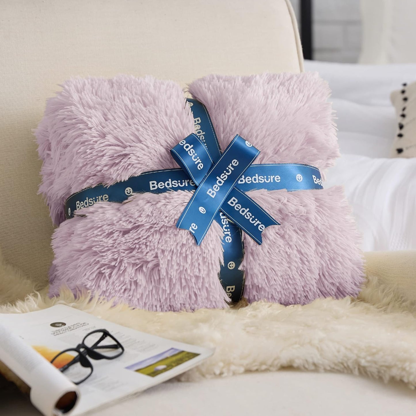 Bedsure GentleSoft Fluffy Lavender Purple Blankets Queen Size for Bed, Thick Sherpa Faux Fur Fleece Fuzzy Plush Winter Warm Soft Queen Blankets, Bedroom Purple Decor Cozy Gifts for Women Men, 90x90