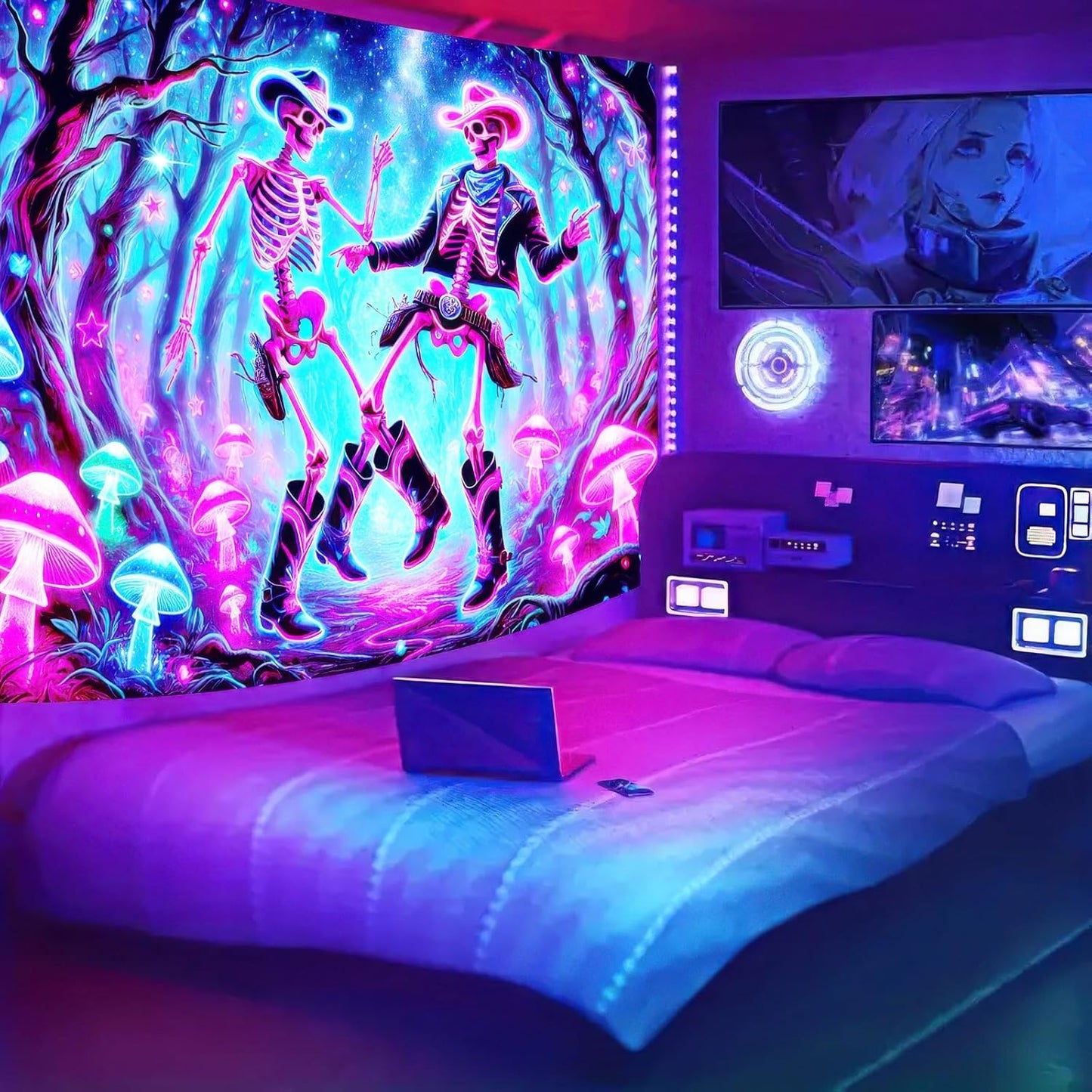 BlissYard Blacklight Tapestry UV Reactive Tapestry 78x59 Inches Skeleton Cowboys Fluorescent Wall Hanging Glowing Mushrooms and Cosmic Dance Theme for Bedrooms, Living Rooms, and Themed Events