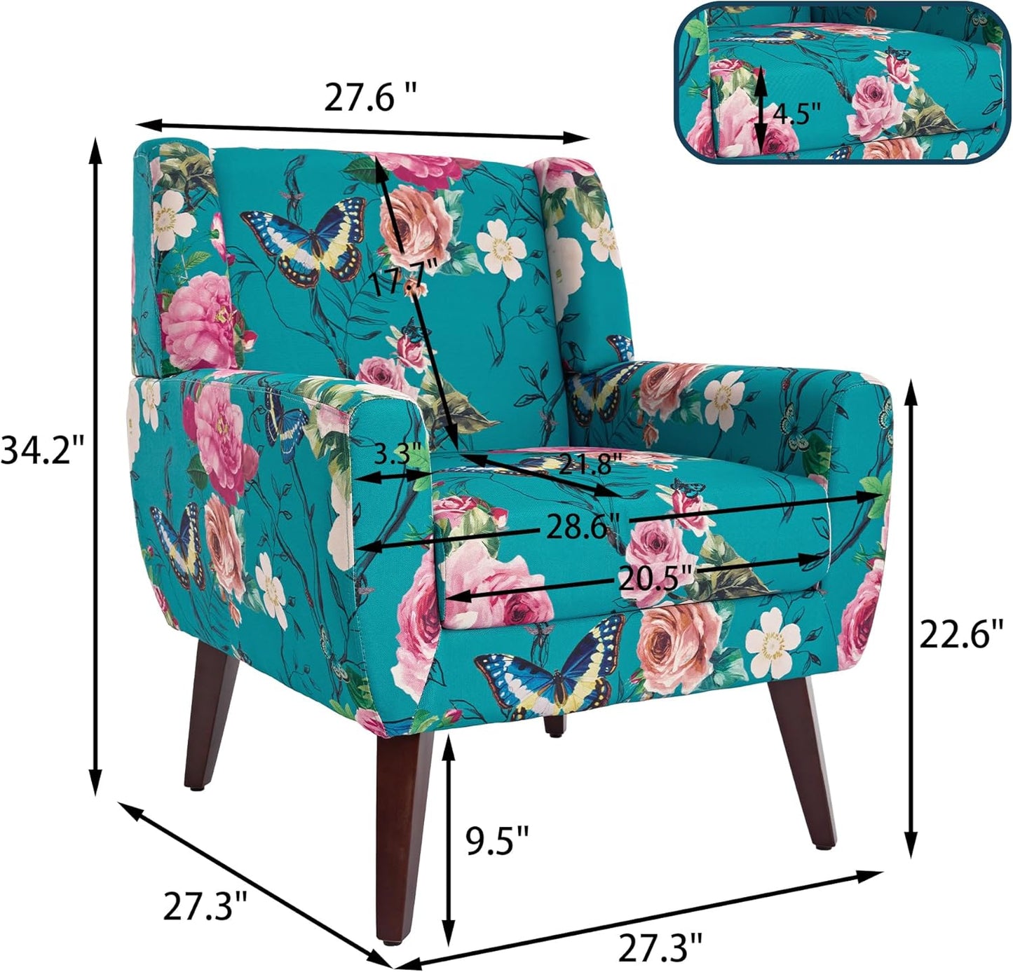 UIXE Floral Accent Chair, Modern Upholstered Armchair in Fabric for Living Room, Comfy Club Arm Chairs Single Sofa Button Tufted Bedroom Reading Seat - Pattern Blue, Set of 1