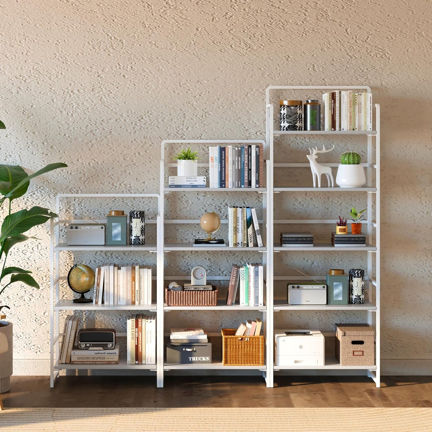4NM No Assembly Foldable Bookshelf, 4-Shelf Collapsible Bookcase Storage for Small Spaces, 54" H, All White