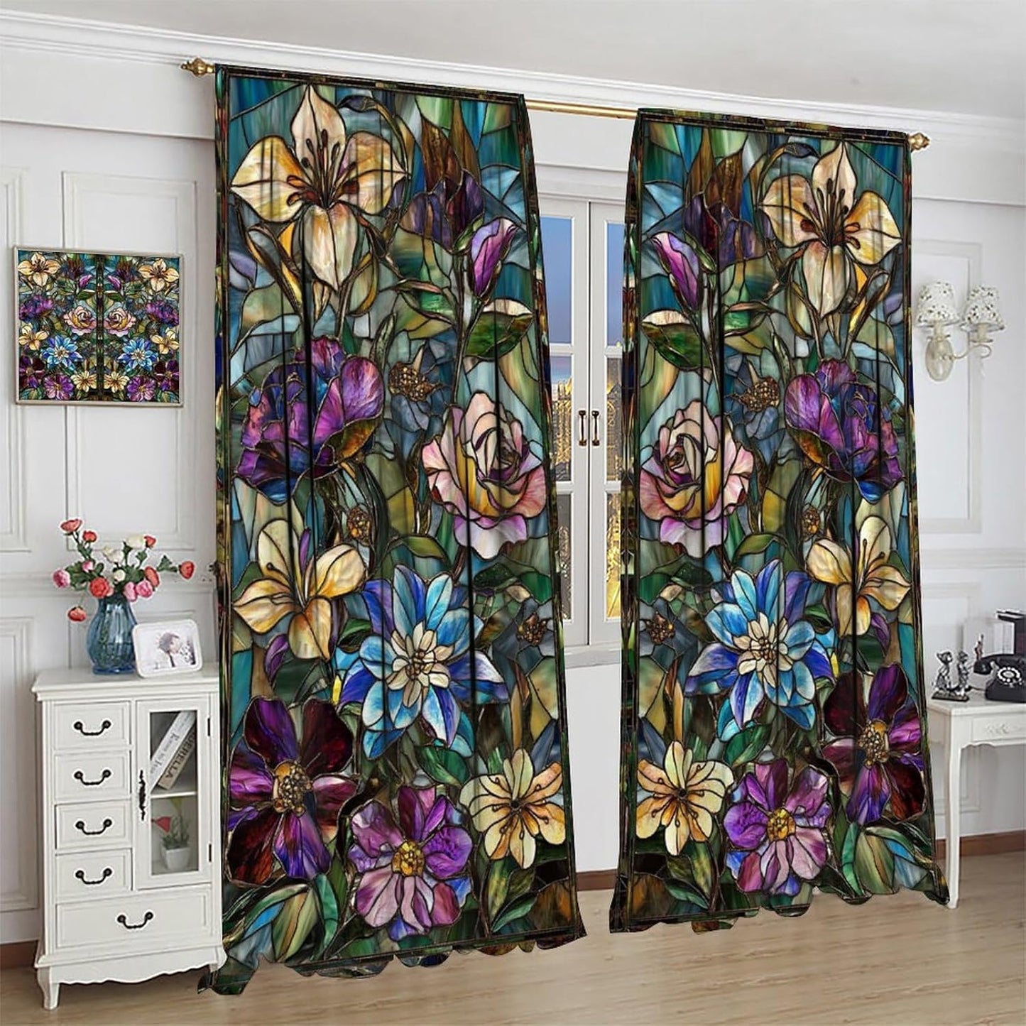 Stained Glass Curtains,Retro Colored Glass Flowers Art Home Decor Drapes for Bedroom Living Room Kitchen Window Treatment 2 Panels Set Total Size 42" W X 63" L Inch
