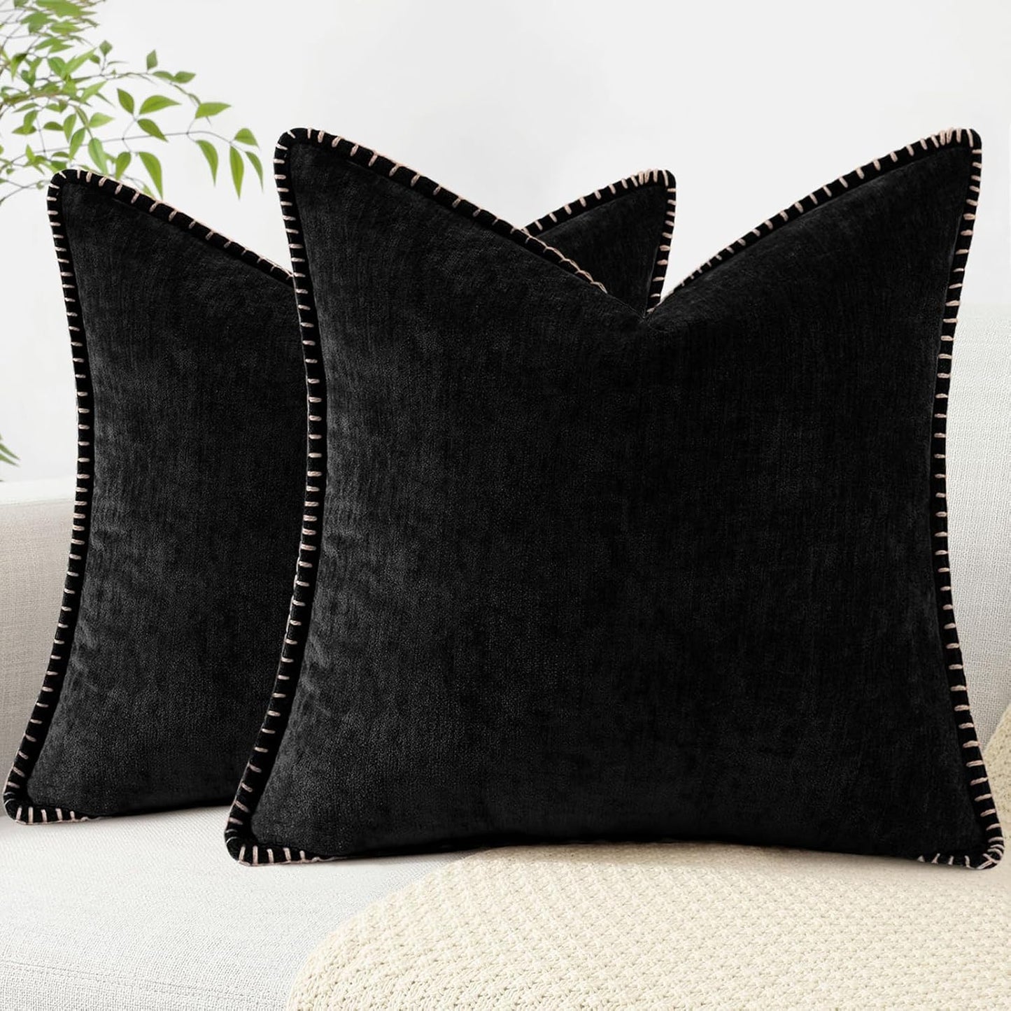 decorUhome Chenille Soft Throw Pillow Covers 18x18 Set of 2, Farmhouse Velvet Neutral Decorative Euro Pillow Covers with Stitched Edge for Couch Sofa Bed Home Decor, Black