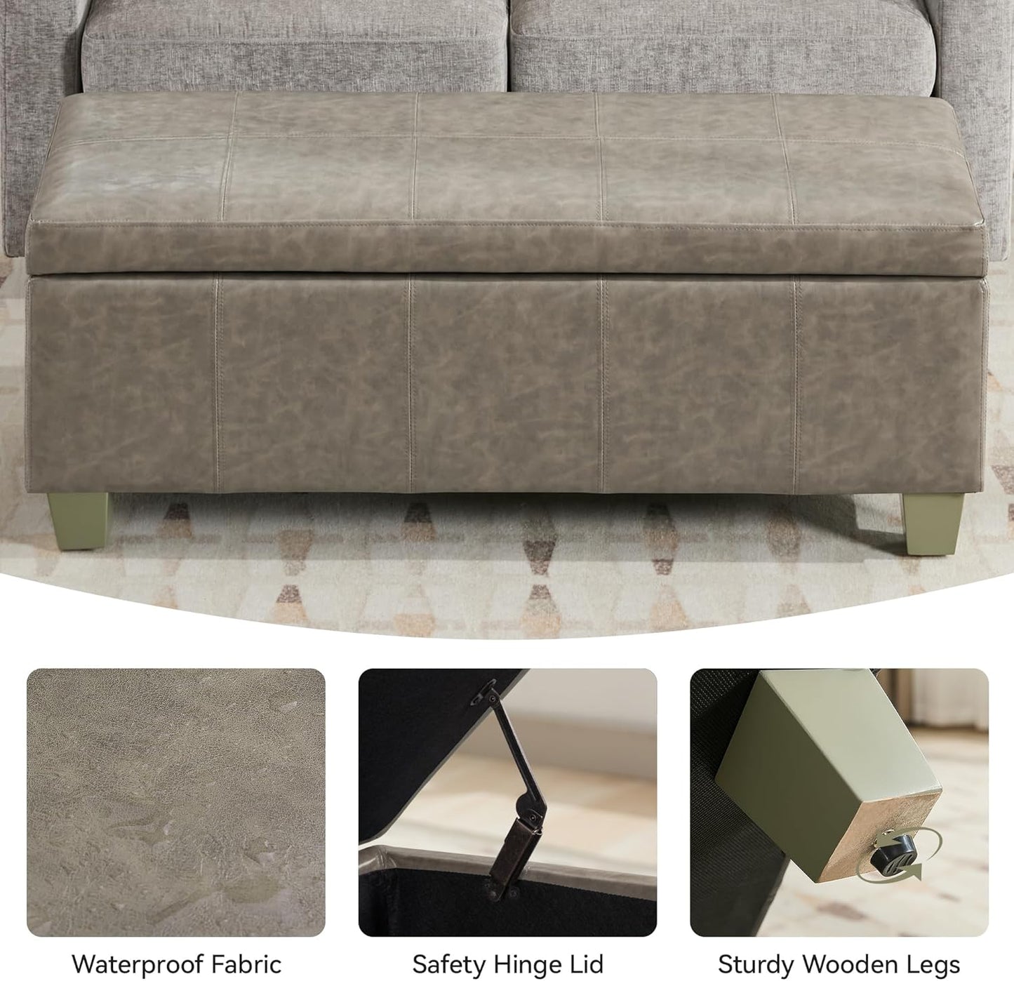 51" Faux Leather Storage Ottoman, Stitch Tufted Rectangle Upholstered End of Bed Storage Bench, Entryway Large Couch Ottoman with Wooden Legs,Grey