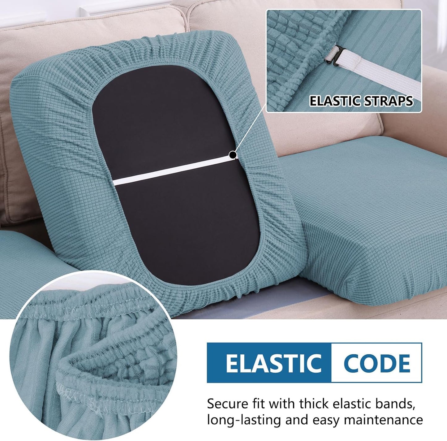 hyha Waterproof Couch Cushion Covers for Pets, Non Slip Sofa Seat Cover for Dogs Washable, Soft Thick Stretch Jacquard Fabric, Sofa Slipcovers with Elastic Bottom (2 Pieces, Lake Blue)