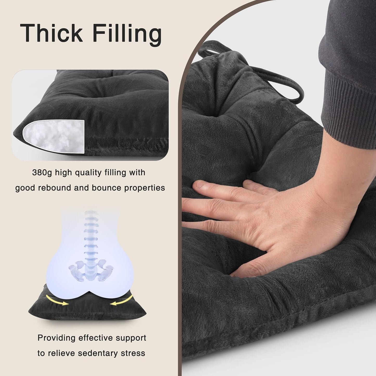 OVOV Chair Cushions for Dining Chairs Set of 6 Tufted Indoor Chair Pads with Ties Soft Square Seat Cushions for Kitchen Chairs 15.5"x15.5",Dark Grey