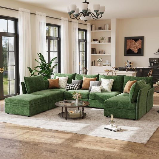 134.6" Oversized Modular Sectional Sofa, Large 7 Seater U Shaped Couch with Storage Ottoman with Reversible Chaise Deep Seat for Living Room, Apartment - Chenille Green