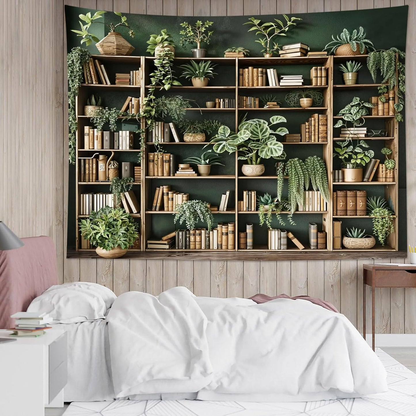 HVEST Green Plant Bookshelf Tapestry Book on Bookshelf and Plant Potted Tapestry Wall Hanging Reading Wall Decor for Study Room Bedroom Living Room College Dorm, 60L x 80W Inches