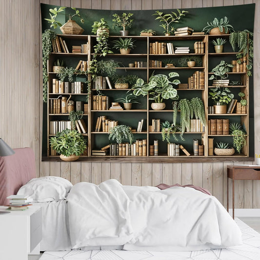 HVEST Green Plant Bookshelf Tapestry Book on Bookshelf and Plant Potted Tapestry Wall Hanging Reading Wall Art Decor for Study Room Bedroom Living Room College Dorm, 40L x 60W Inches