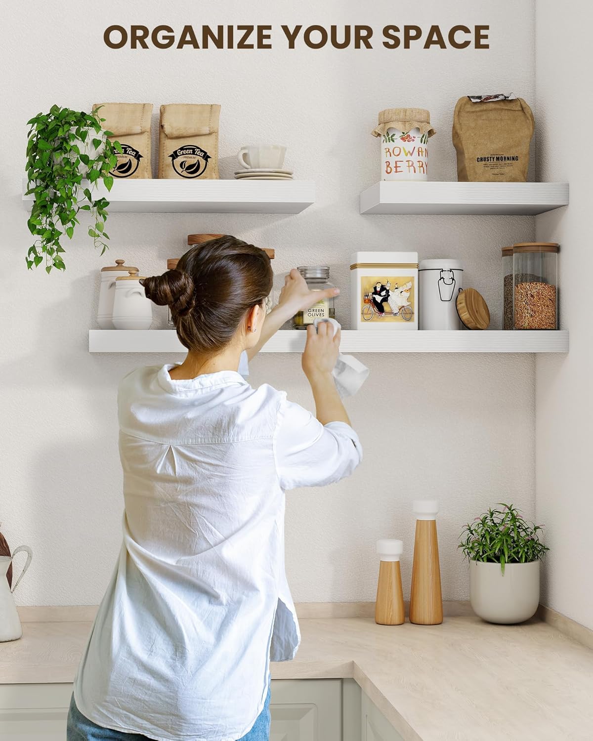 Marsmiles 55" Floating Shelves for Wall, Wooden Shelves with Invisible Brackets Set of 2, Rustic Farmhouse Wall Mounted Shelf for Kitchen Bathroom Living Room Study, White