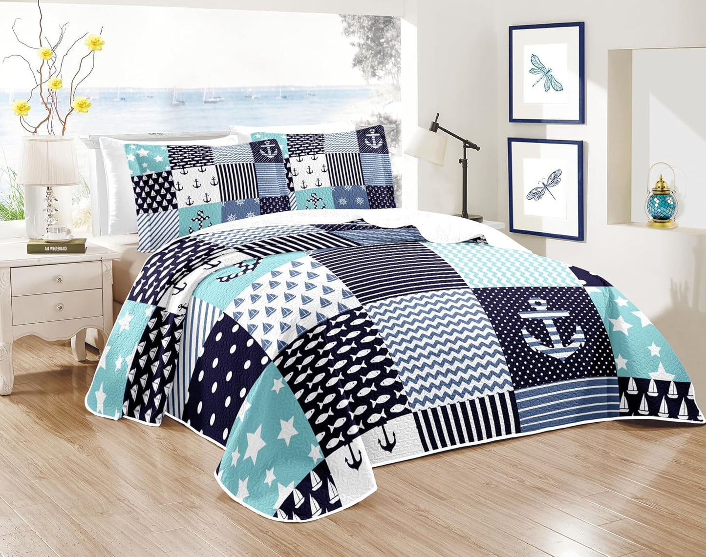 Nautical Bedding Queen Size Coastal Quilt with 2 Shams, Coastal Beach Comforter Sets Ocean Bedspreads Coverlet Summer Bedding, 90''x96''