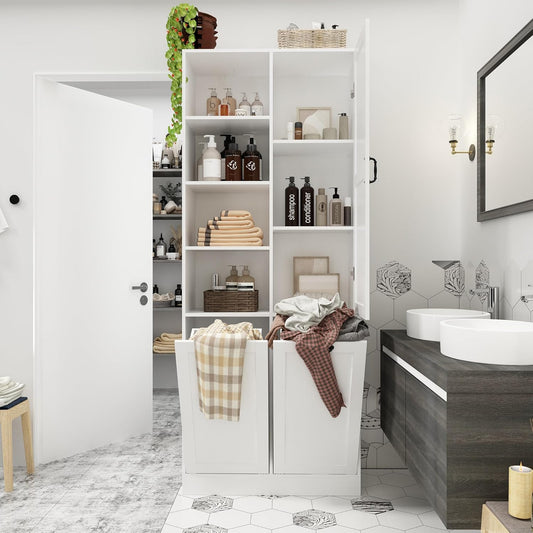 ECACAD Tall Bathroom Storage Cabinet with Shelves and Tilt-Out Laundry Hampers, Freestanding Floor Cabinet for Living Room, Bedroom & Kitchen, White (31.5”W x 13.8”D x 78.7”H)