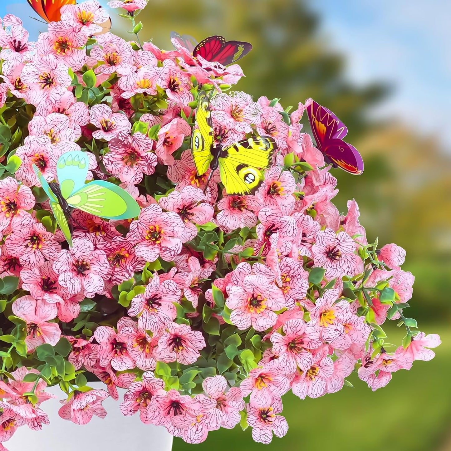‌20 Bundles Artificial Flowers for Outdoors‌ with 6 Faux Butterflies, UV Resistant ‌Fake Flowers‌ with Eucalyptus Leaves, ‌Artificial Plants Outdoor‌ for Patio Garden Porch Home Decor (Pink)