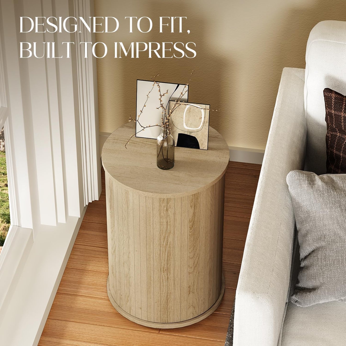 Round Fluted End Table for Living Room, Modern Wooden Sofa Couch Side Table for Small Spaces, 21.9" H Nightstand Set of 2 for Bedroom (Oslo Oak)