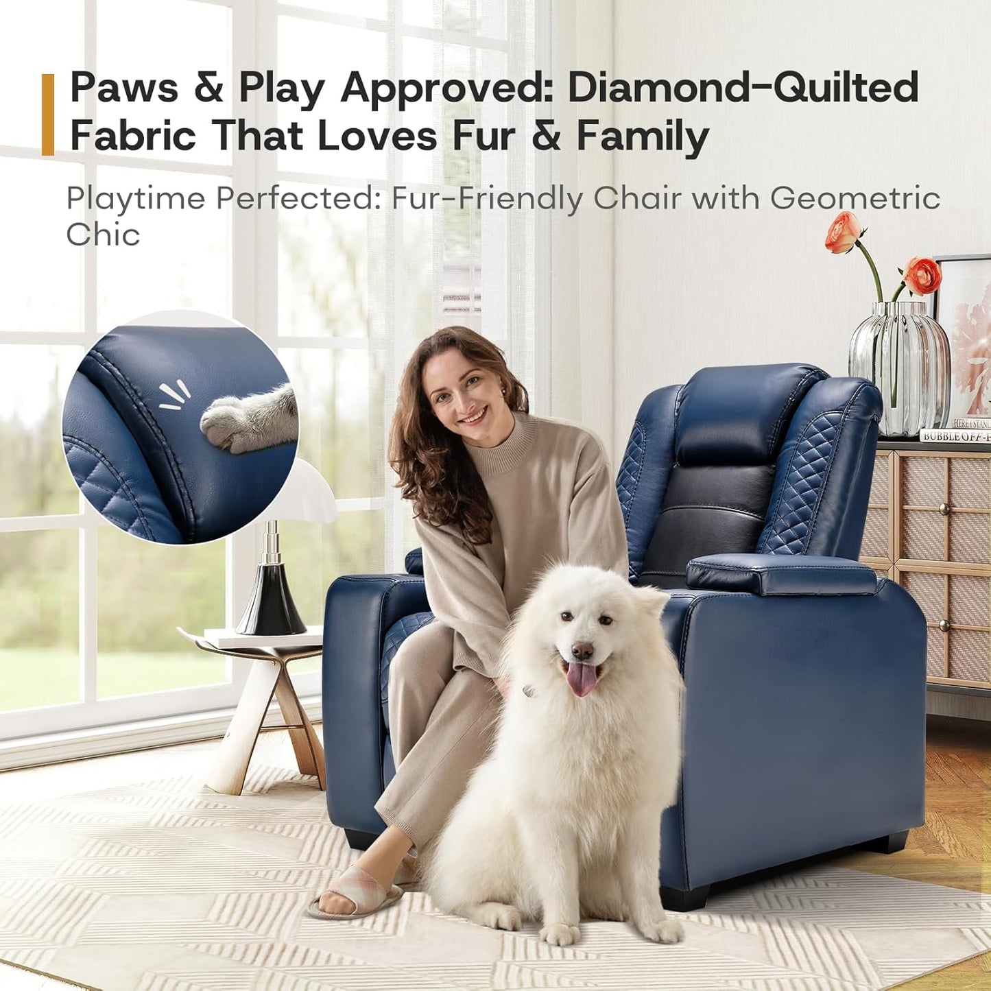 ANJ Power Home Theater Seating Set of 2, Blue Faux Leather Electric Recliner Chair with Powered Headrest, Dual Motors Movie Reclining Chairs with LED Lights,USB Port,Cup Holders, Hidden Arm Storage