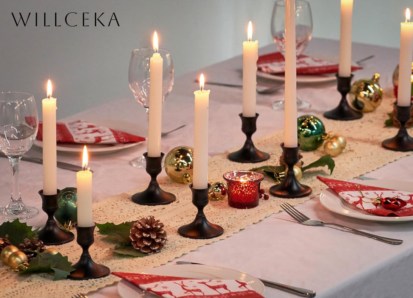 Black Taper Candle Holder, Candlestick Holders, Vintage Metal for Table Centerpieces Wedding Decor (Matte Black, 12 Pcs)