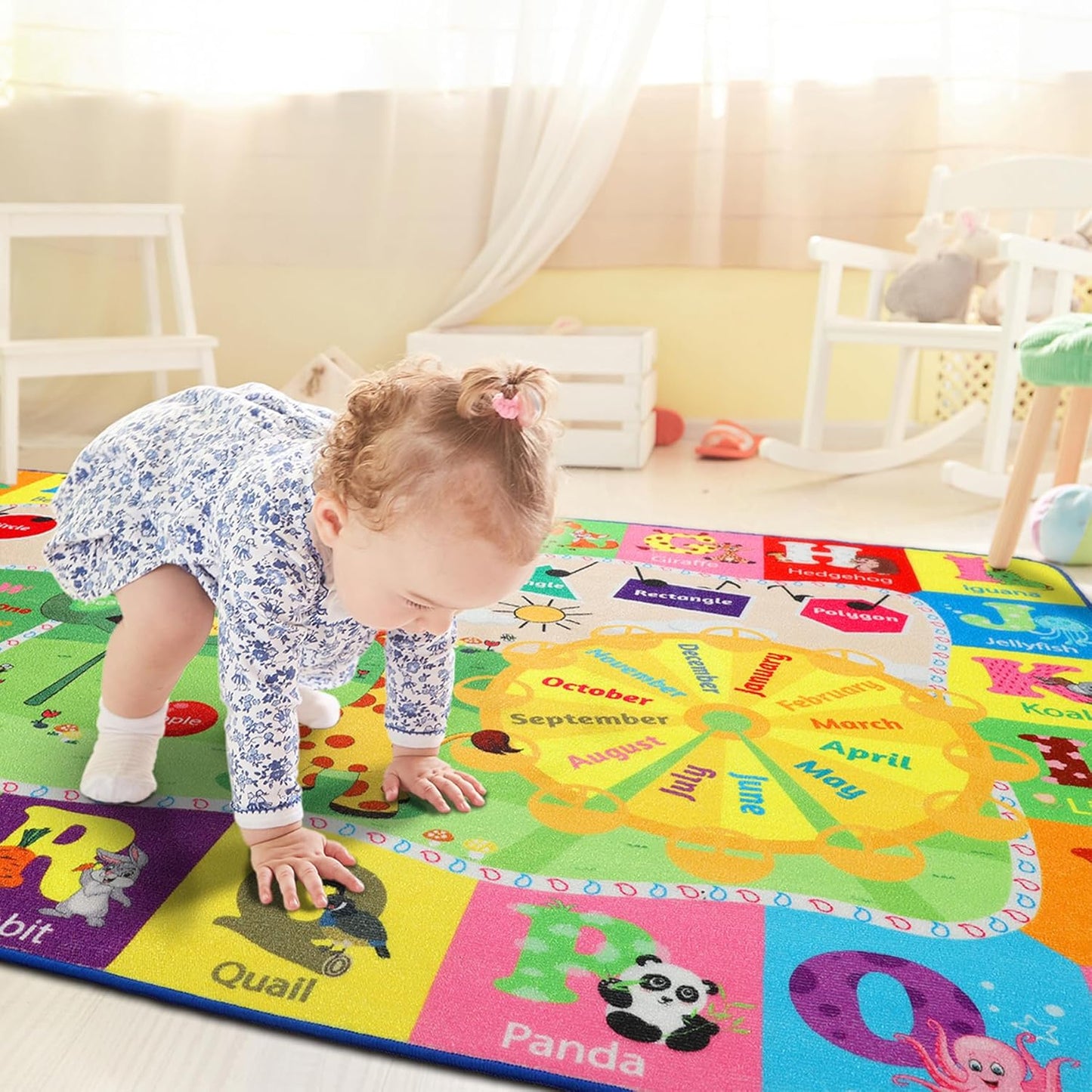 5x7 Playroom Rugs for Kids Washable, Educational and Fun Playmat with ABC Alphabet Animals Shapes Colors, Non-Slip Play Mat Learning Rugs for Baby Toddler Children Game Activity