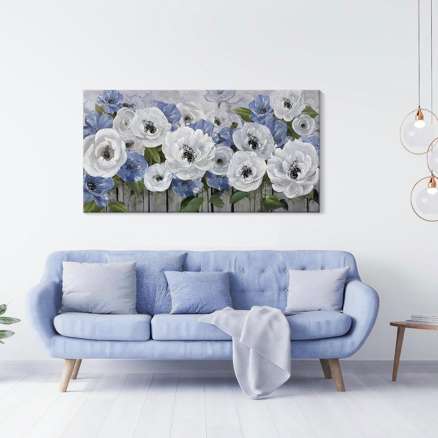 Floral Wall Art for Living Room- Large Canvas Paintings with Floral Wall Picture - Flower Wall Decor in Blue & White, Textured Artwork - Landscape Wall Art & Pictures for Bedroom and Home Decor
