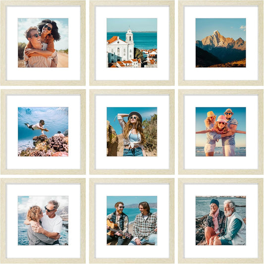 Vittanly 12x12 Picture Frames Set of 9, Shatter Resistant Plexiglass, Display 8x8 Pictures with Mat or 12x12 without Mat, Photo Frames for Wall Mount, Engineered Wood, Cornsilk