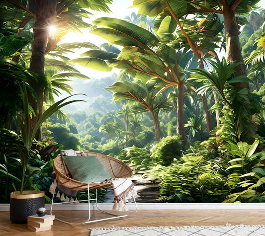 AFZEVEB-Green Tree Wall Mural Tropical Jungle Wallpaper for Bedroom 114"x74"(Not Peel and Stick)