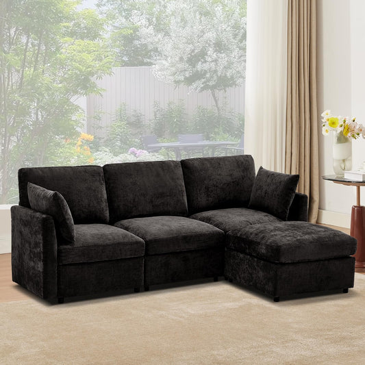 Tbfit 85" Convertible L Shaped Couch, Sectional Sofa for Living Room,Chenille Cloud Couch with Ottoman 4 Seat, Black