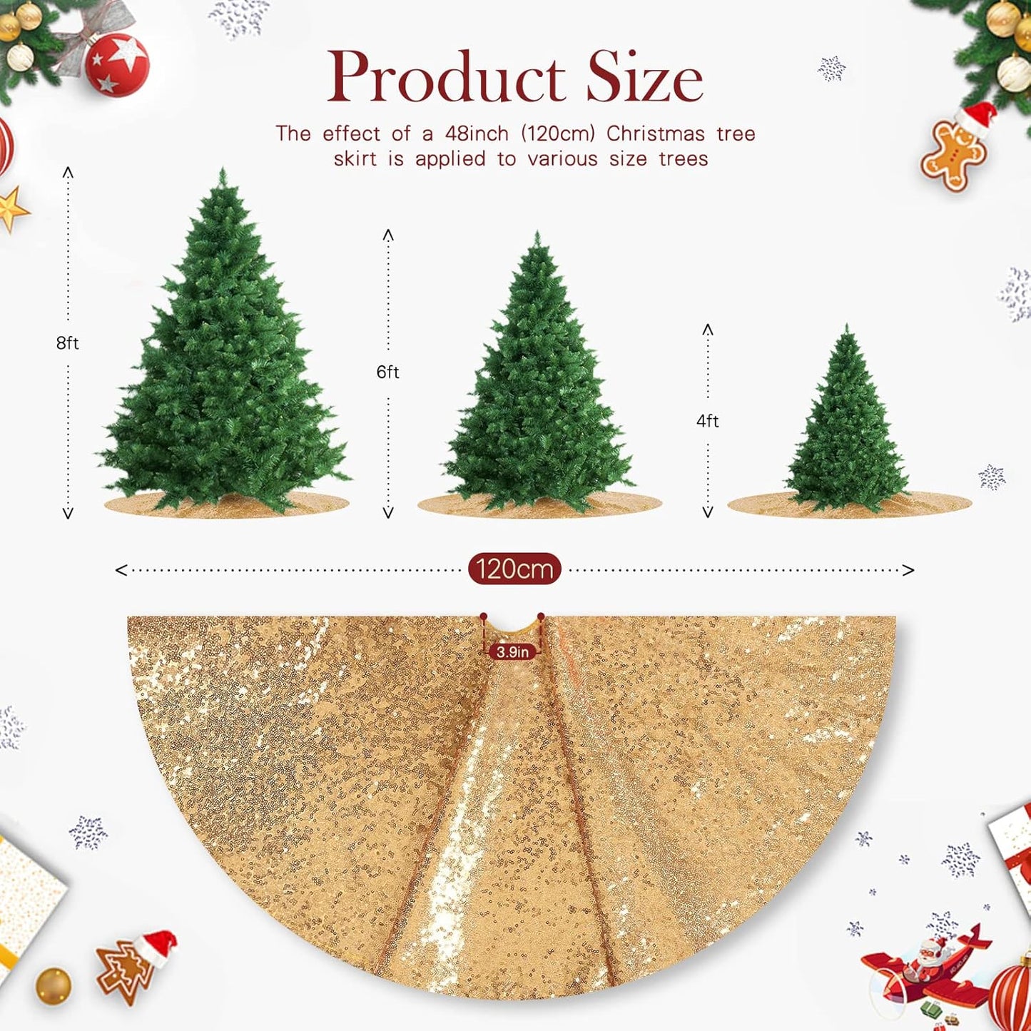 Tree Skirt 48 Inch Gold Christmas Tree Skirt Sequin Tree Skirt for 6ft Tree Glitter Gold Christmas Decorations