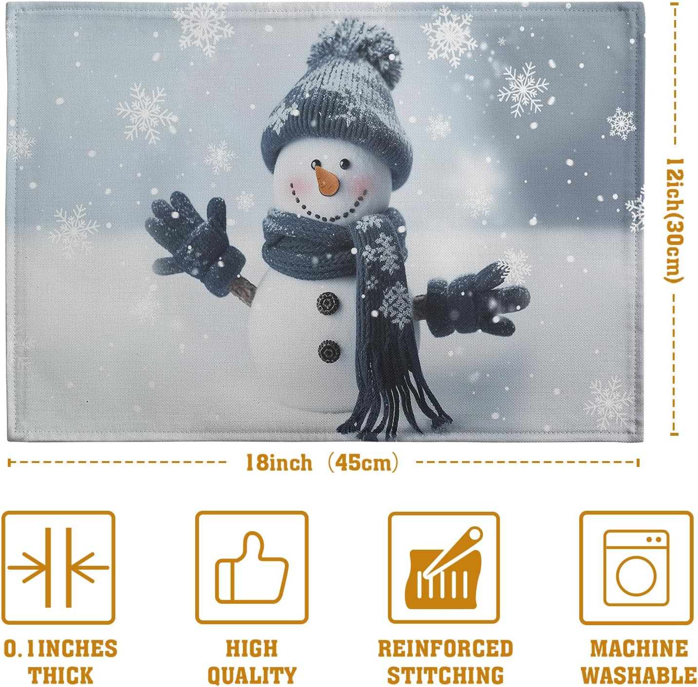 Snowman Placemats Set of 4, 12x18 Inch Winter Cute Blue Snowman Snowflake Table Mats Seasonal Christmas Holiday Washable Linen Fabric Place Mats for Farmhouse Party Kitchen Dining Decor