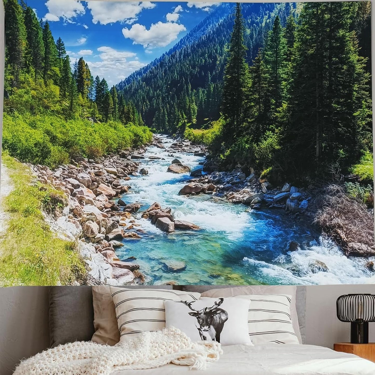 Nature Forest Mountain Tapestry Green Pine Tree Stream Tapestry White Clouds Flowing River Valley Landscape Scenery Tapestries Wall Hanging for Bedroom Dorm Living Room Office Classroom 80 x 60 Inch