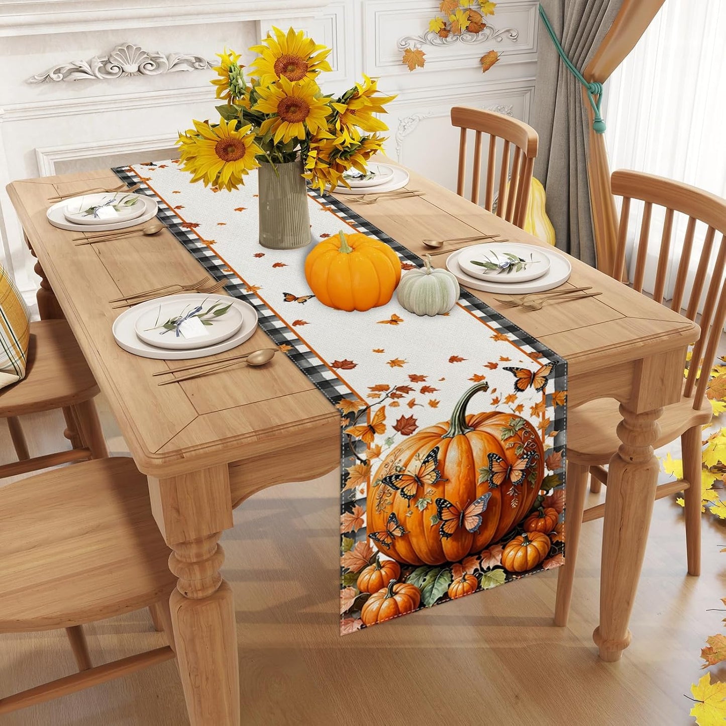 Linen Black and White Buffalo Check Plaid Fall Table Runner 60 Inches Long, Fall Leaves Pumpkin Butterfly Home Kitchen Table Decor, Farmhouse Autumn Thanksgiving Harvest Festival Decorations for Home