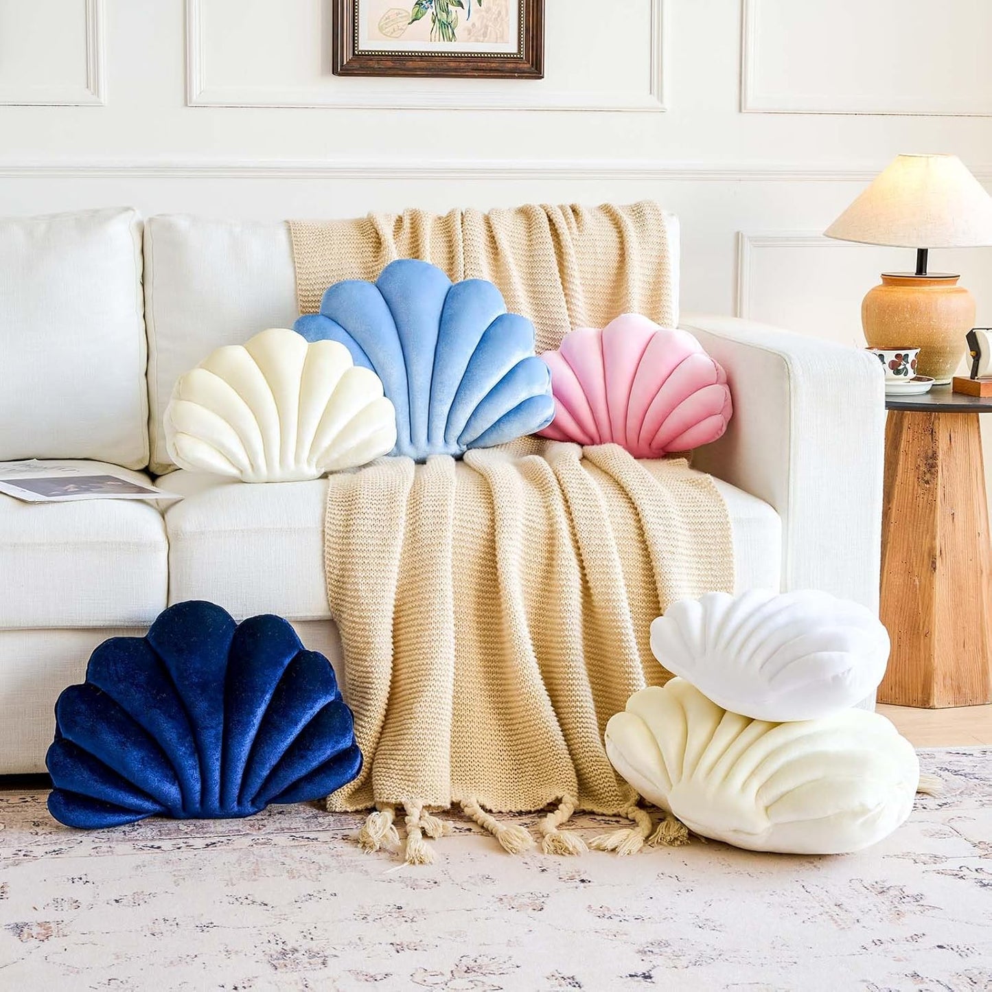 Navy Blue Seashell Throw Pillows, Shell Shaped Throw Pillows, 13 Inch Soft Velvet Home Decorative Pillow Plush Cushion for Bed Couch Living Sofa Room Decor Accent Throw Pillow