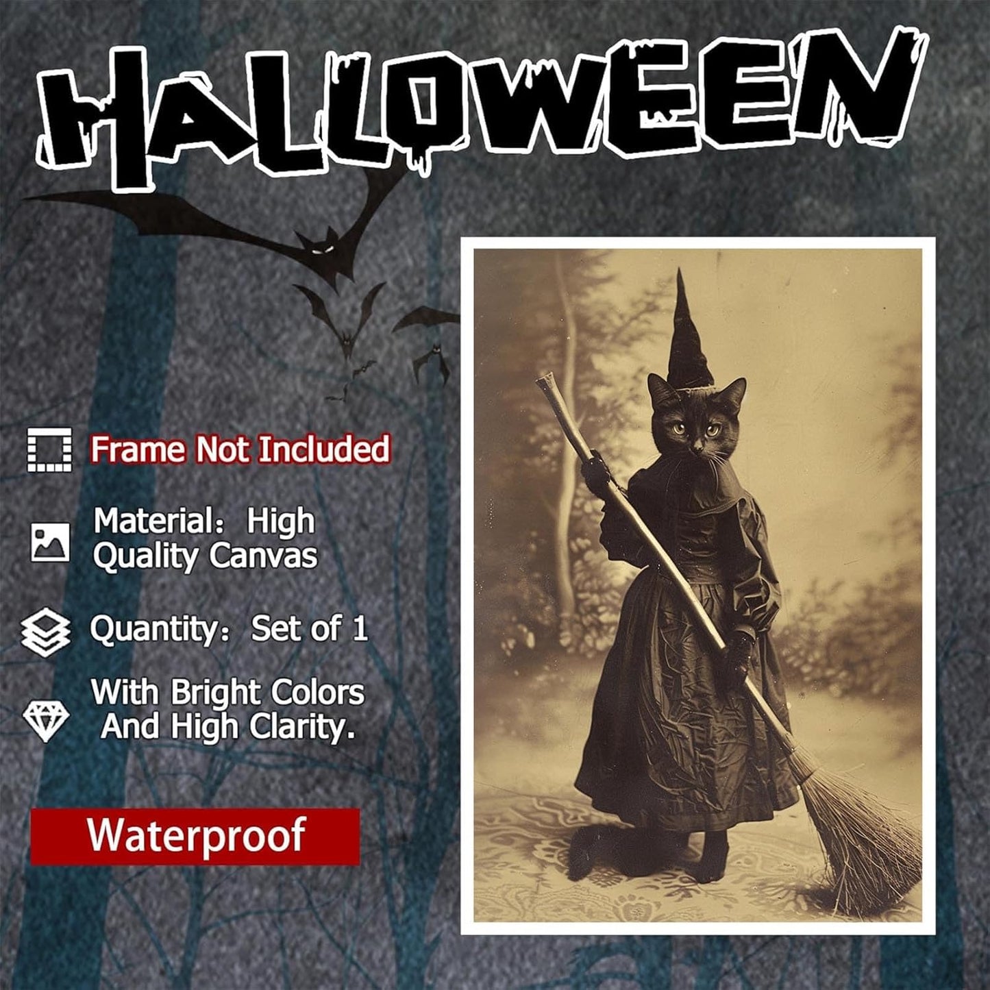 Halloween Decor Posters Black Cat Witch Canvas Wall Art Vintage Spooky Print Of Gothic Room Family Dark Academia Decorations Creepy Picture Poster Aesthetic 12X16inch Unframed