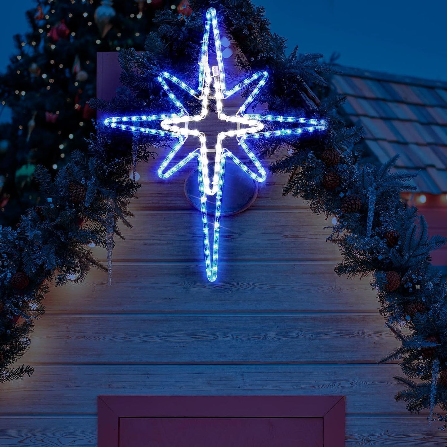 28" Christmas Star of Bethlehem LED Star Hanging Lights Nativity Holy Family Light for Door Window Porch Wall Decoration Plug Operated Lighted Hanging Tree Topper(Blue, White)