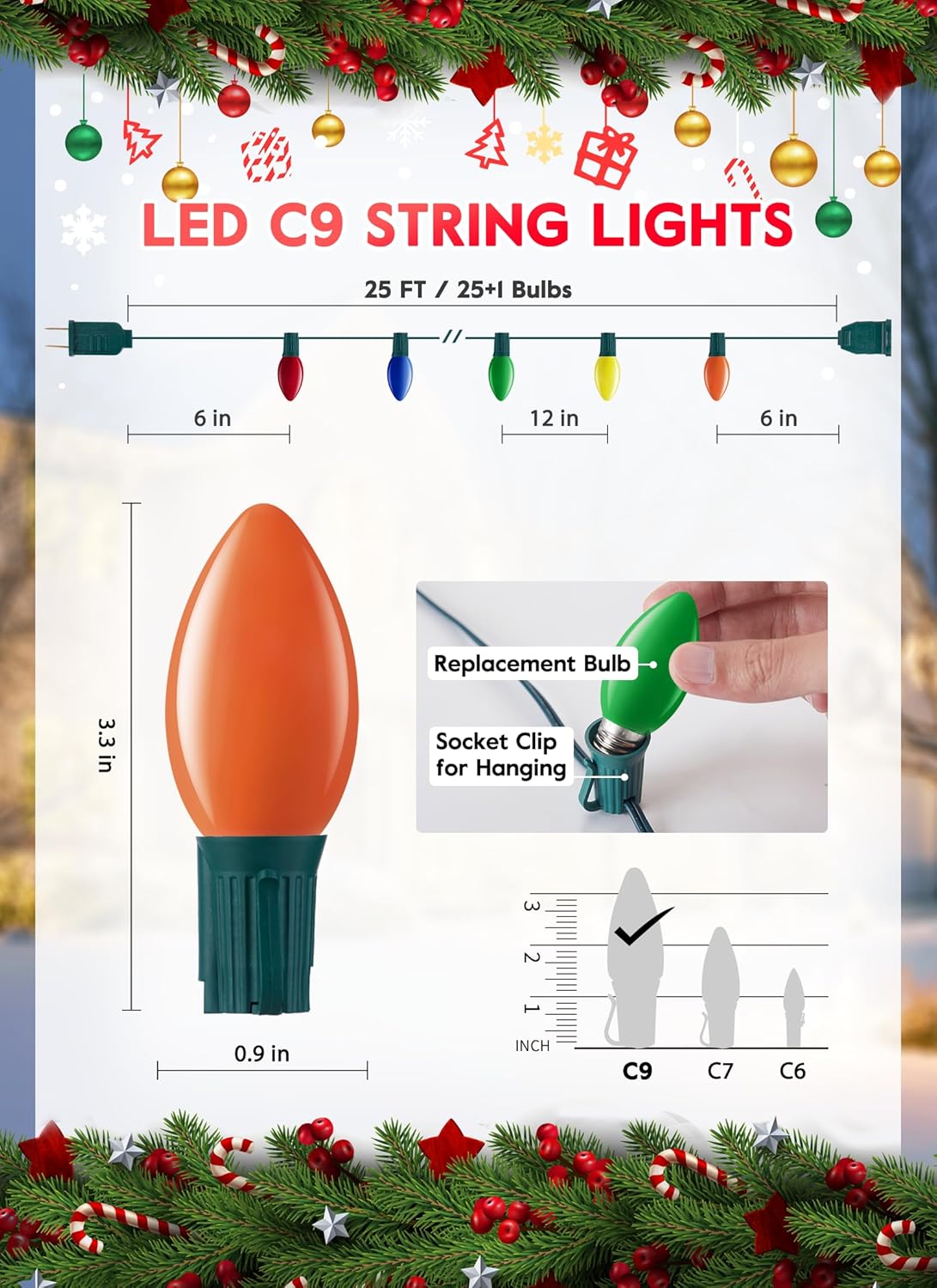 Vintage C9 LED Christmas Lights Outdoor - 25 Feet String with 25 Colored Shatterproof Bulbs, Connectable Waterproof Lights for Holiday Party Roofline, Backyard, Garden, Patio, Green Wire