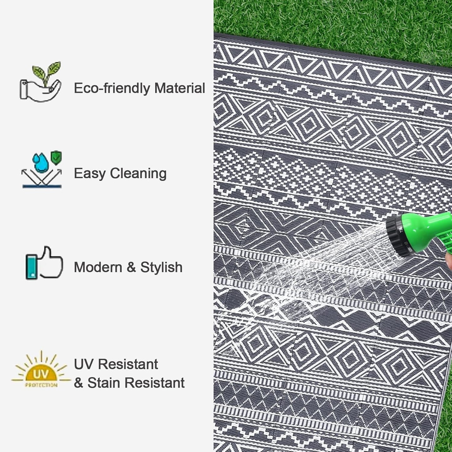 GAOMON Outdoor Rug 9'x12' Waterproof Rug for Patio Decor, Foldable Reversible Plastic Straw Area Rugs Mat for Camper, Outside Carpet for Deck, Porch, Picnic, Beach, Grey/White(Bohemia)