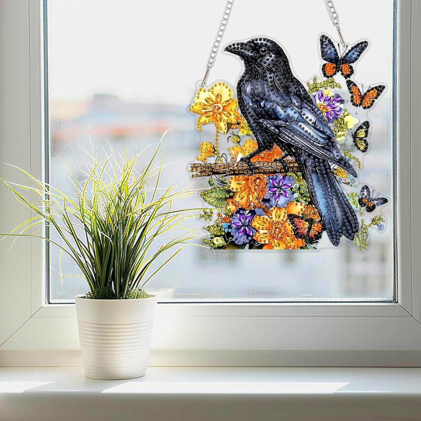 SENQAO Crow Diamond Art Hanging Kit for Adult, Special Shaped Rhinestone, Double Sided DIY Acrylic Diamond Art Painting Window Pendants Home Garden Wall Hanging Kits Hanging Ornament