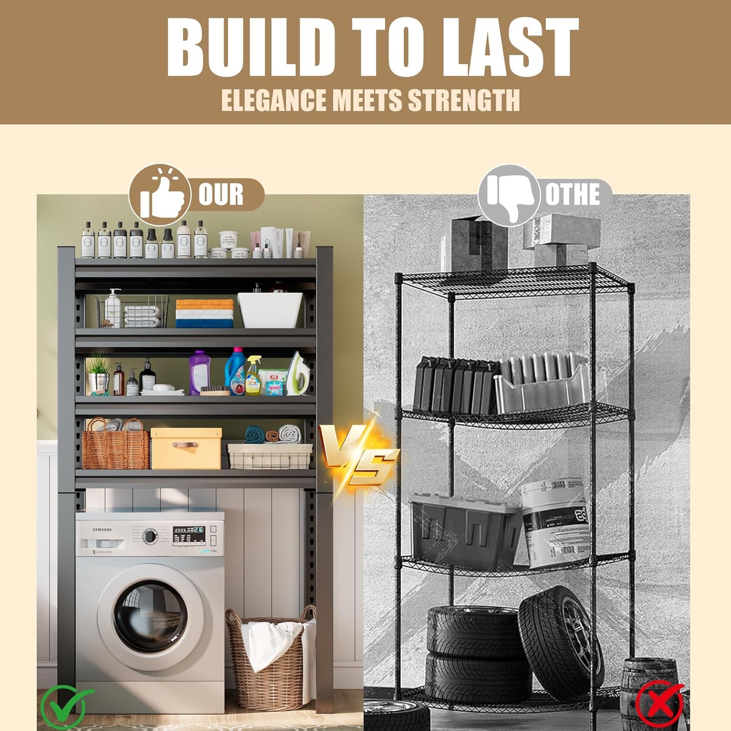 Laundry Room Storage Organizer, Over The Washer and Dryer Storage Shelves for Laundry Organization, 35" W x 14" D x 63" H, Suit Washing Machine Width Within 32.6", Hold 500 lb, Black