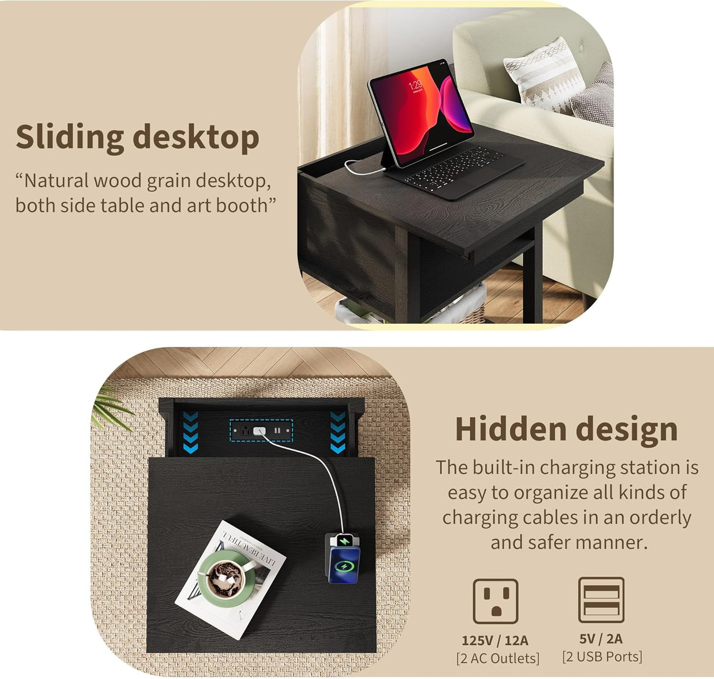 Rresyet Sliding Side Table with Charging Station & 2-Tier Storage,Farmhouse End Table, Wooden Nightstand for Bedroom & Living Room,Black