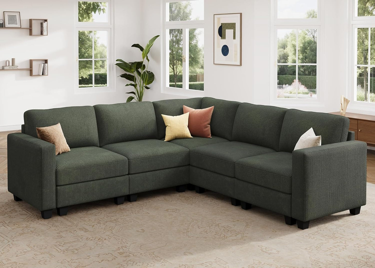 HONBAY Corduroy Modular Sectional Sofa with 5 Seaters, Sectional Corner Sofa with Chaise, L Shape Couches for Living Room, Green