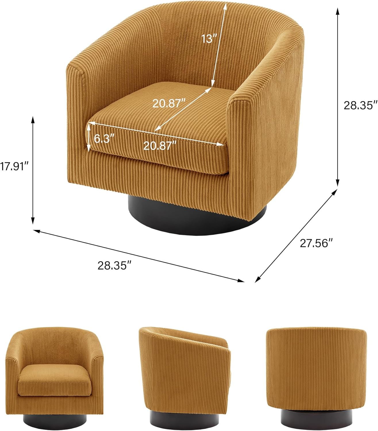 Swivel Barrel Accent Chair, Modern Round Corduroy Fabric Arm Chair for Living Room, Bedroom, Comfy Club Reading Chairs for Adults (Corduroy Orange, Set of 4)