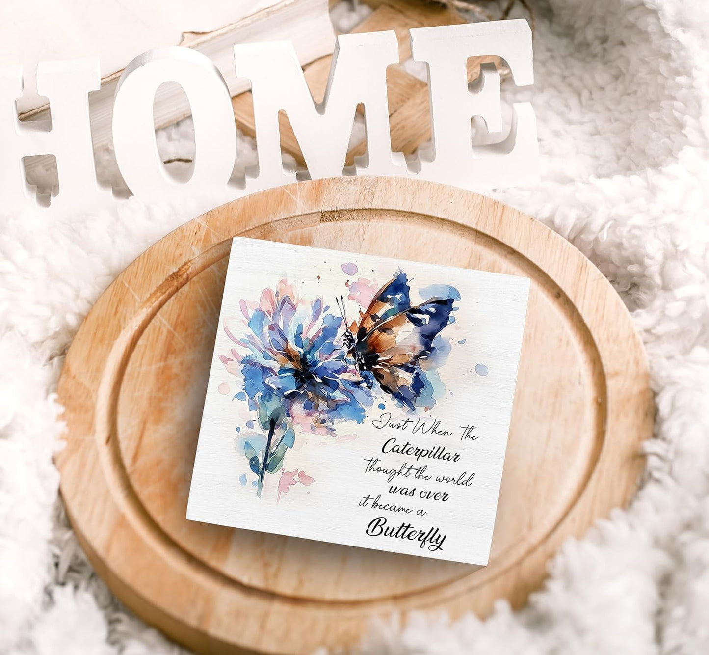 SRADMO Inspirational Desk Signs, Inspirational Butterfly Wood Box Sign Desk Decor, Motivational Desk Decor, Encouragement Theme Wooden Block Box Sign Decoration for Home Office Shelf Table Decor