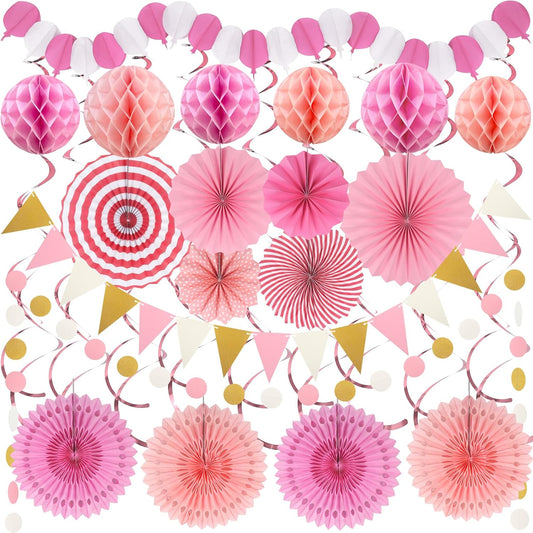 Pink Party Decorations, Easy Assembly Paper Fan Honeycomb Ball Garland Hanging Swirl Rose Red Party Supplies for Girl Women Birthday Bridal Shower Baby Shower Party Decorations