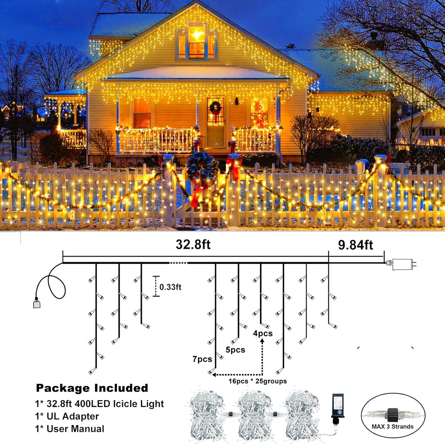 Icicle Lights for Outside, 33FT 400 LED Icicle Christmas Lights Outdoor, Waterproof & 8 Modes & Timer, Plug in Twinkle String Light for Indoor Patio Party Wedding Xmas Holiday Decorations, Warm White