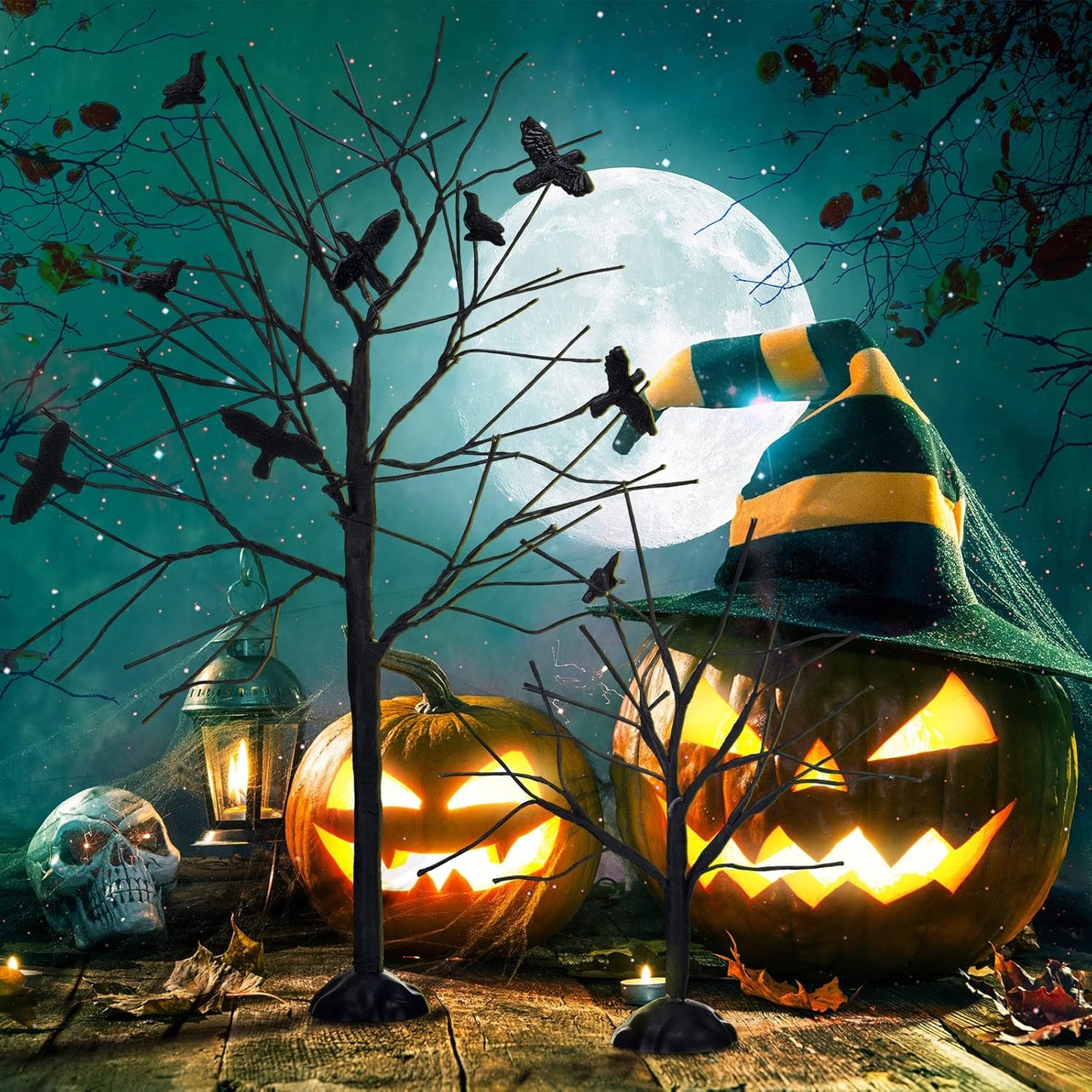 Amyhill 2 Pcs Halloween Village Trees With Black Crows - Artificial Bare Branch Tree Figurine Set for Home Decor and Village Accessories