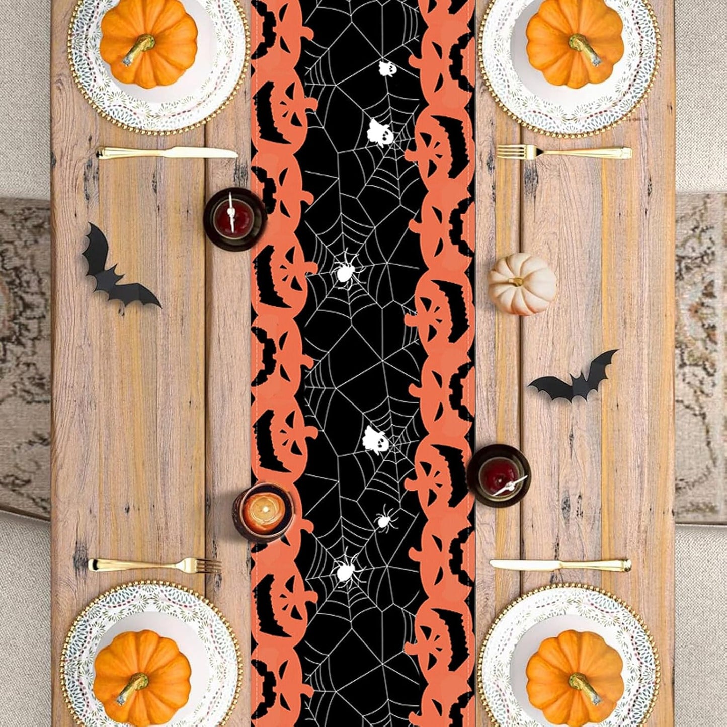 Halloween Long Table Runner Black and Orange Pumpkin Spider Web Table Linen Runner Kitchen Dining Table Runner Halloween Table Decoration for Holiday Indoor Outdoor Home Party Decor 13 x 72 Inch