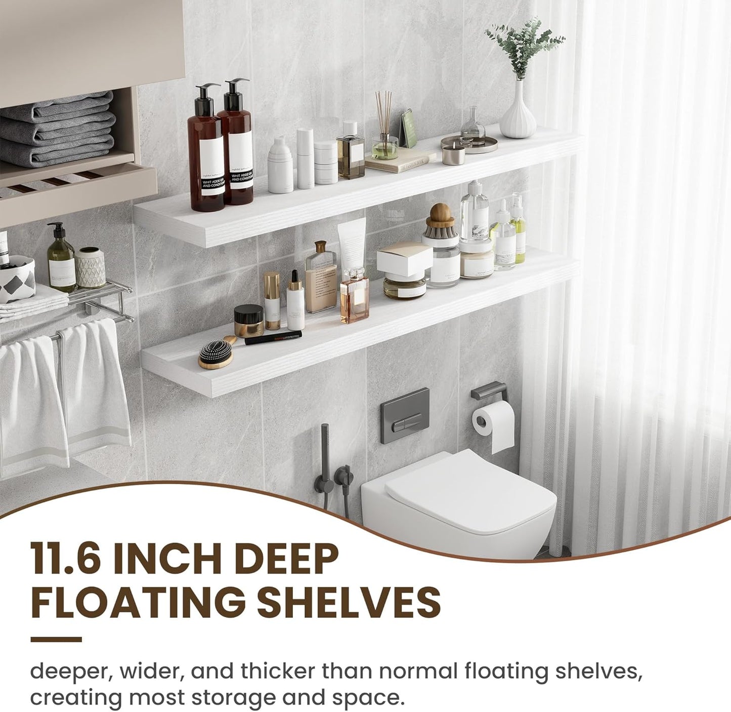 55 Inch Floating Shelves, 12 Inch Deep Floating Shelves for Wall, Floating Shelf with Invisible Brackets, 55 Inch Wide x 12 Inch Deep Wall Shelves for Bathroom, Bedroom, Living Room,1 Pack,White