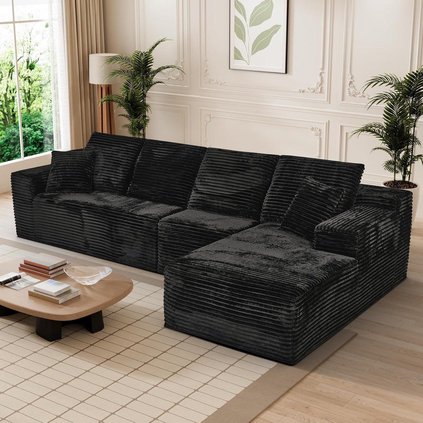 Modular Sectional Sofa Cloud Sectional Couch, 135" Comfy Fluffy L Shaped Black Couches for Living Room, Deep Seat Memory Foam Plush Corduroy Boneless Couch Sectionals with Right Facing Chaise Sofa