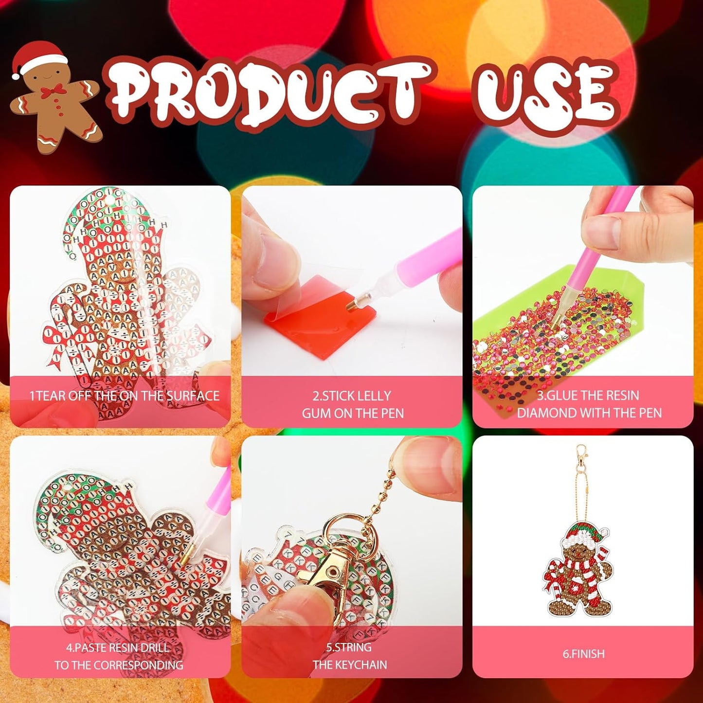 Tondiamo 20 Pcs Christmas Diamond Painting Keychain Kits 5D DIY Diamond Art Pendants Double Sided Hanging Key Chains for Christmas Party Decoration DIY(Gingerbread Man Style)